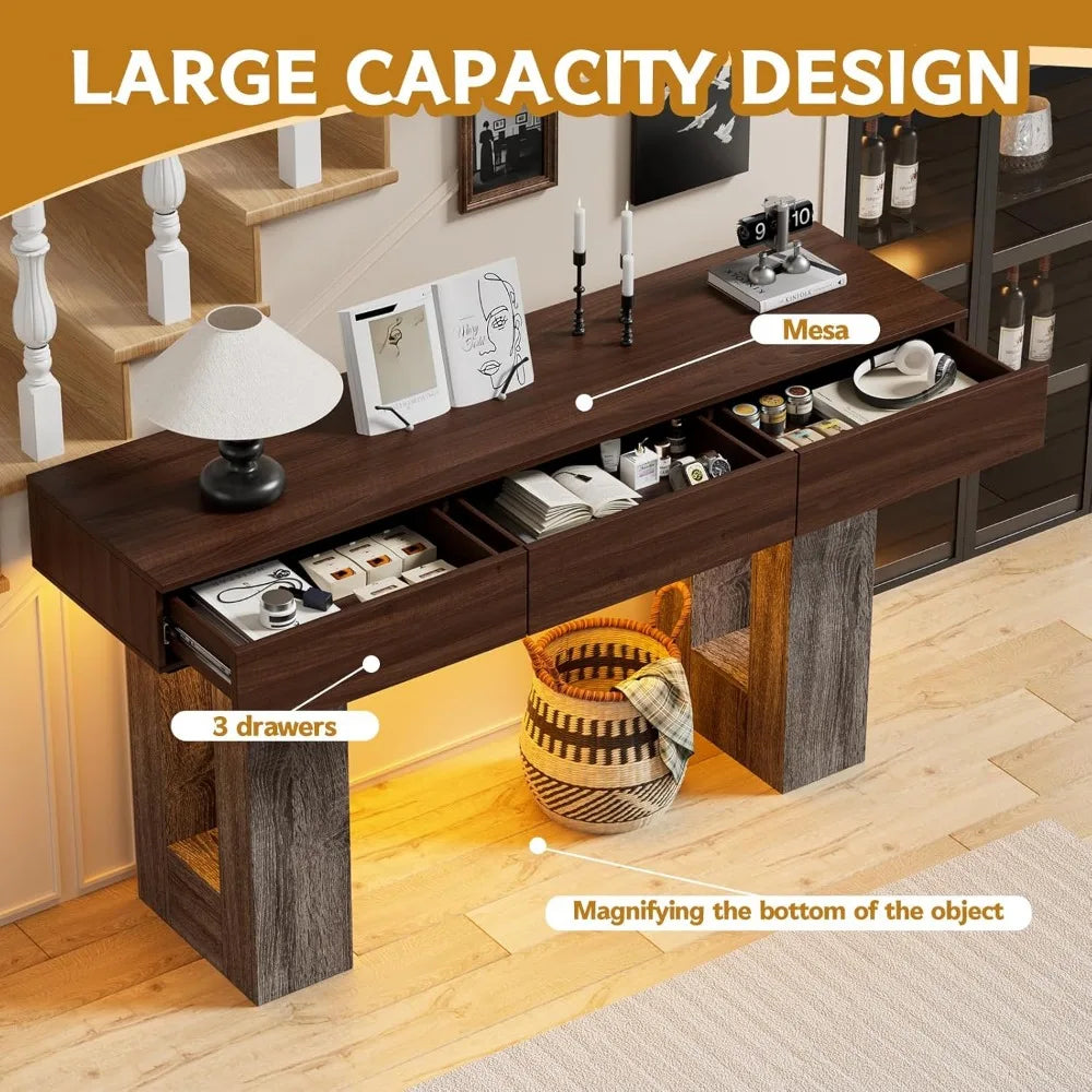 63-Inch Console Table with LED Lights and 3 Drawers for Entryway Living Room