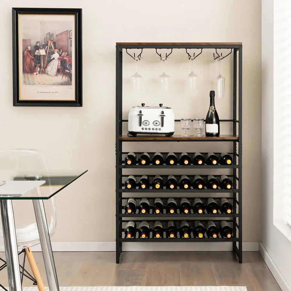32 Bottle Wine Rack Rustic Freestanding Storage Holder with Glass Holder