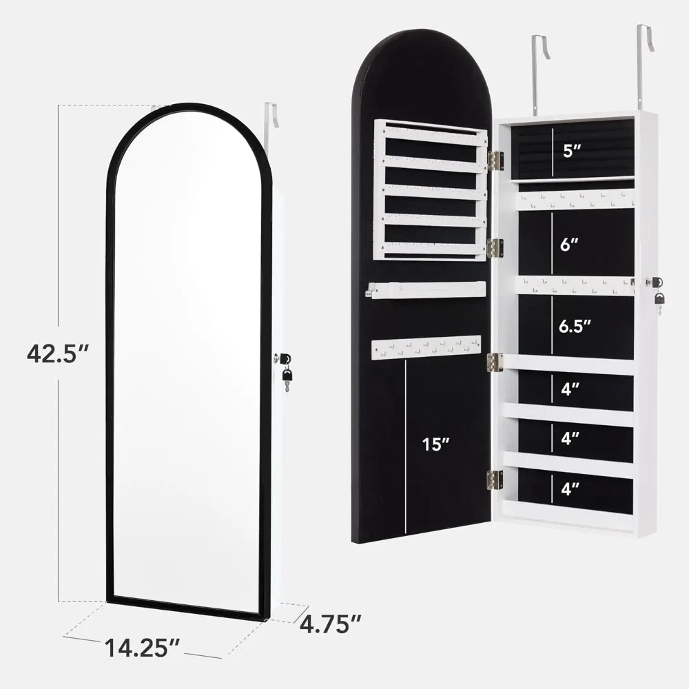 Arch Mirror Jewelry Cabinet Lockable Wall Mount Full-Length Organizer