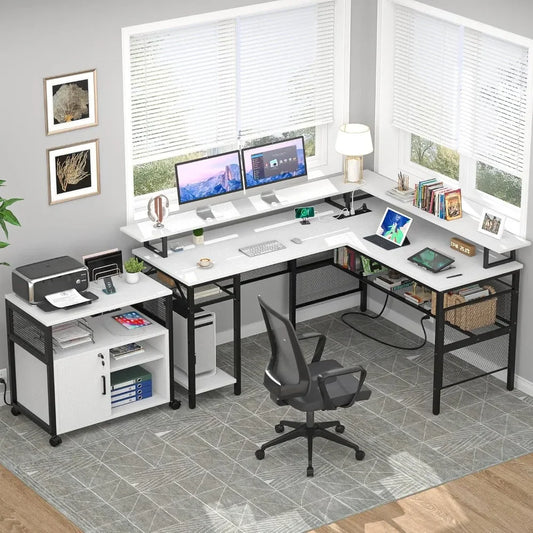 L-Shaped Desk with LED Strip Power Outlets Reversible Corner Design