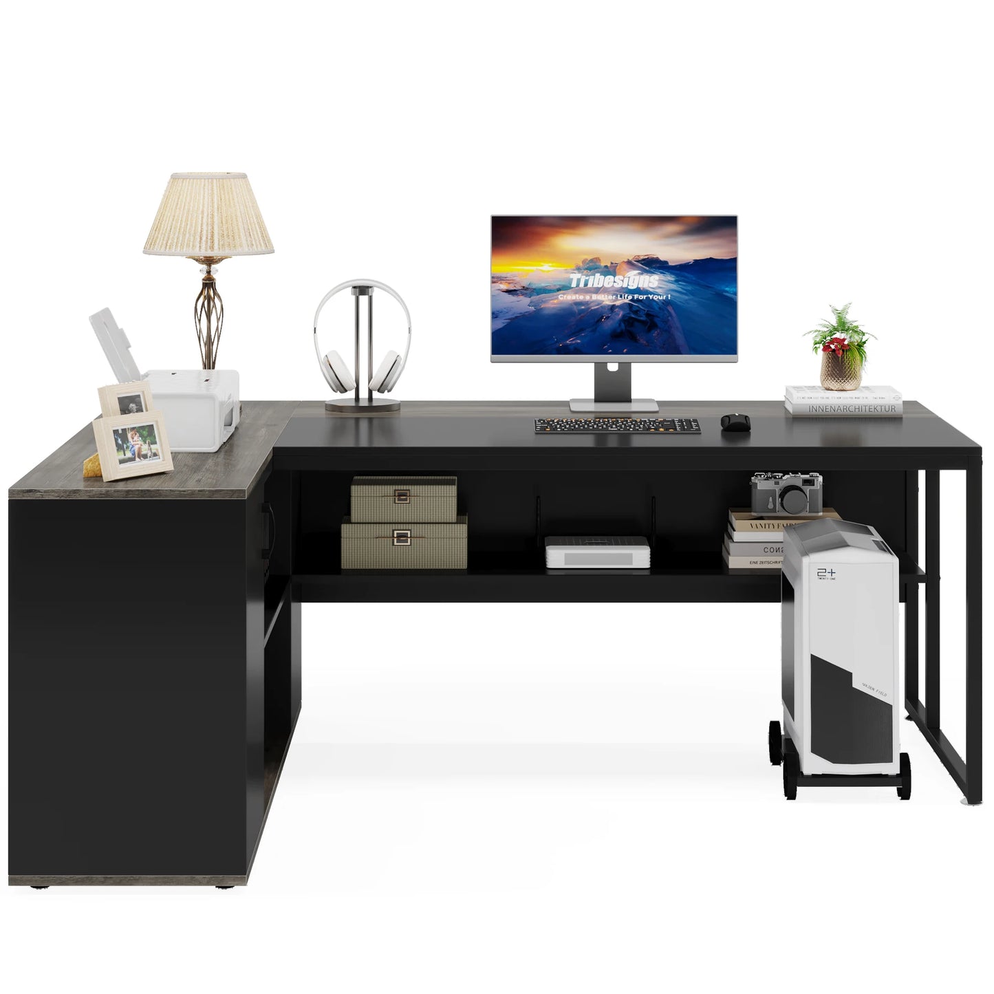 L Shaped Executive Desk with Storage Cabinet 71 Inch Office Furniture