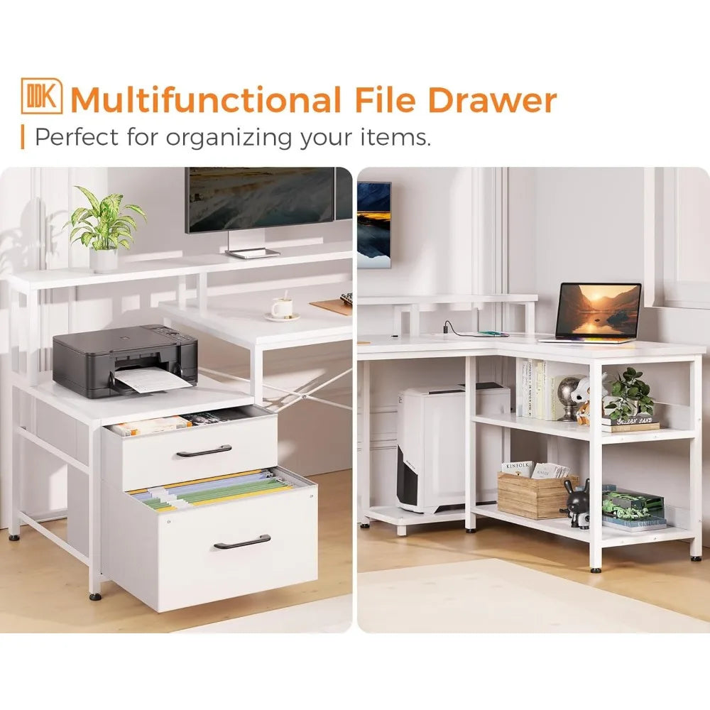 L Shaped Desk with File Drawer Power Outlet LED Lighting Home Office