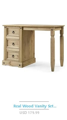 Makeup Vanity Set Writing Desk Trifold Mirror Stool Organizer Wood Retro