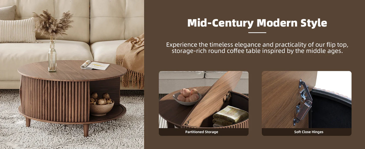Round Coffee Table with Storage Mid Century Modern Fluted Design