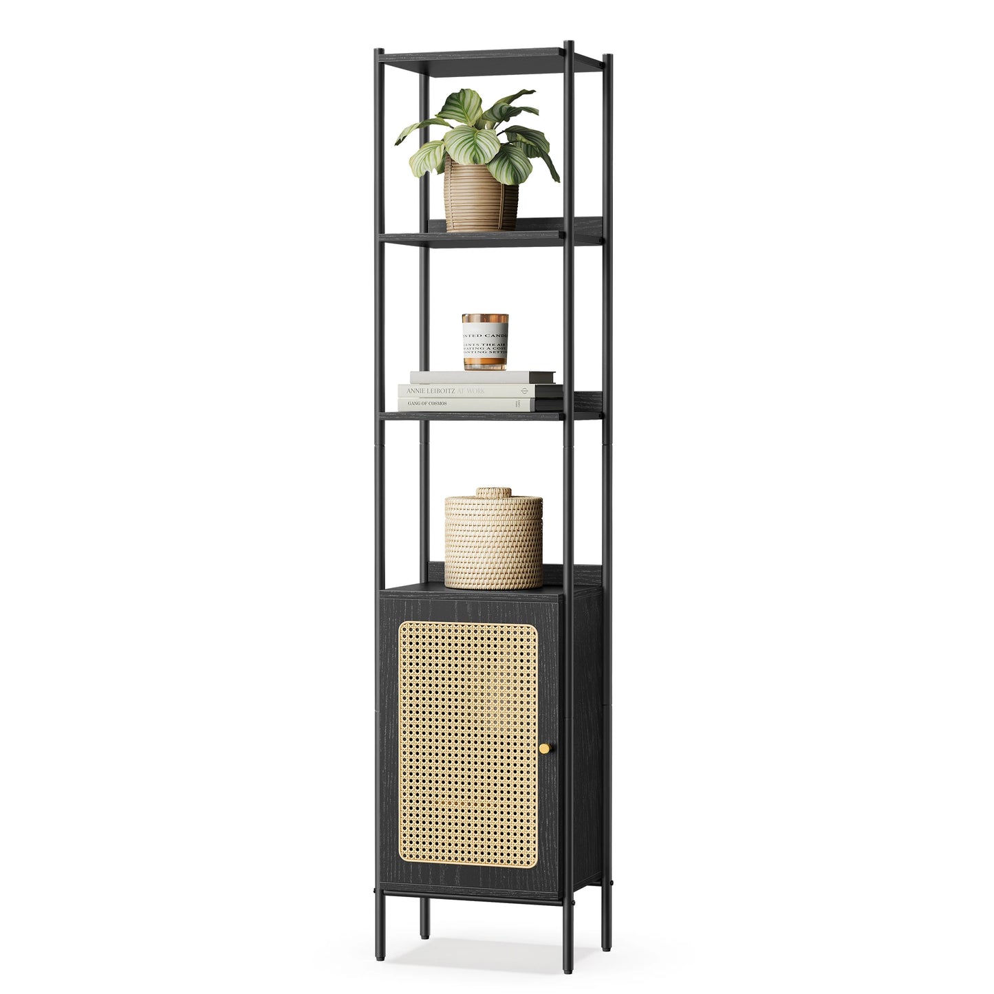 Ljustra 6-Tier Bookcase Rattan-Like Door Boho Style Metal Frame