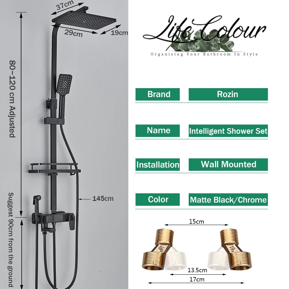 Black Digital Display Thermostatic Shower Faucet Rainfall Mixer Tap