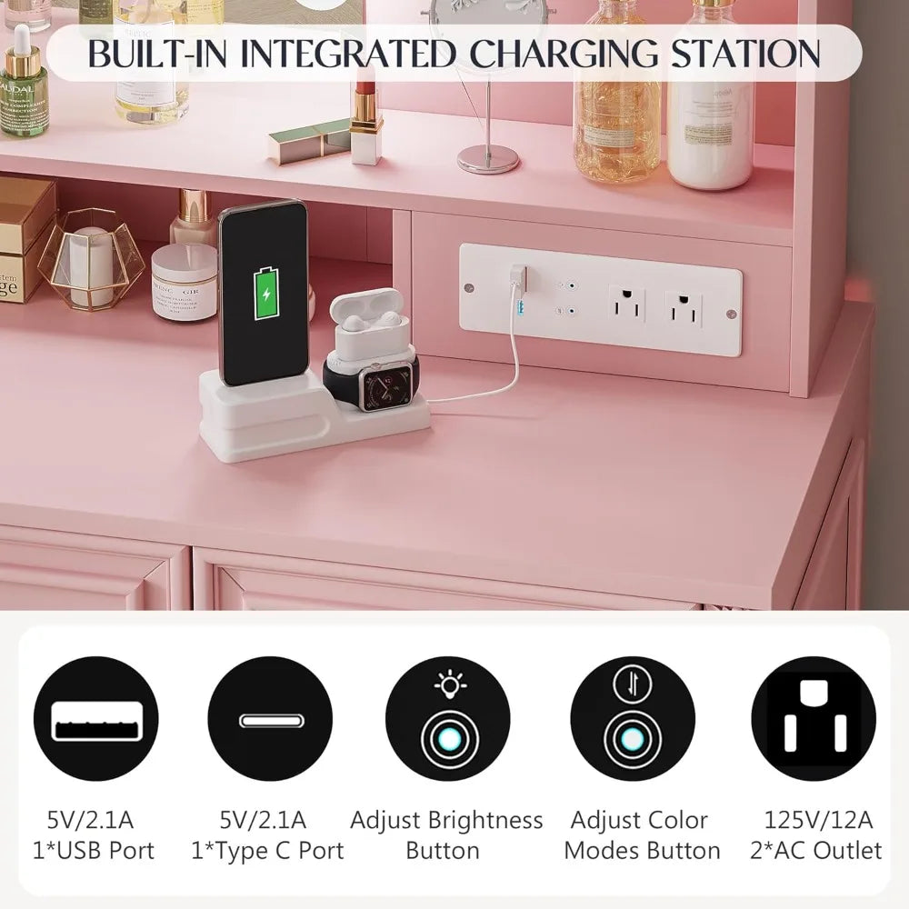 Makeup Vanity Desk with Lighted Mirror and Power Outlet for Bedroom