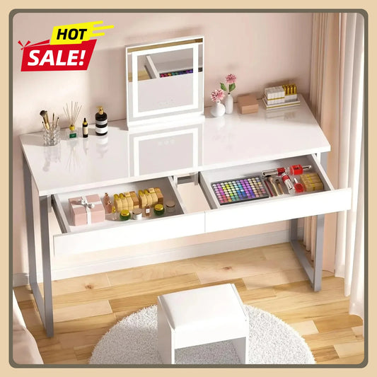 47 Inch Modern Vanity Desk White Makeup Table with 2 Drawers for Home Office