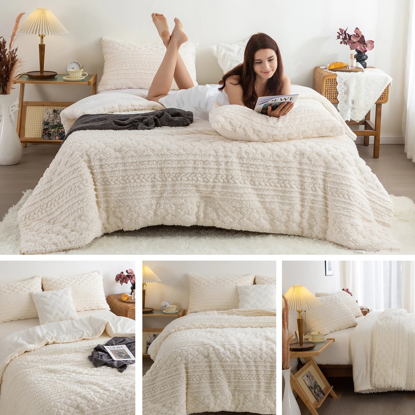 Plush Fleece Sherpa Down Comforter Set Boho Tufted All Season Queen King