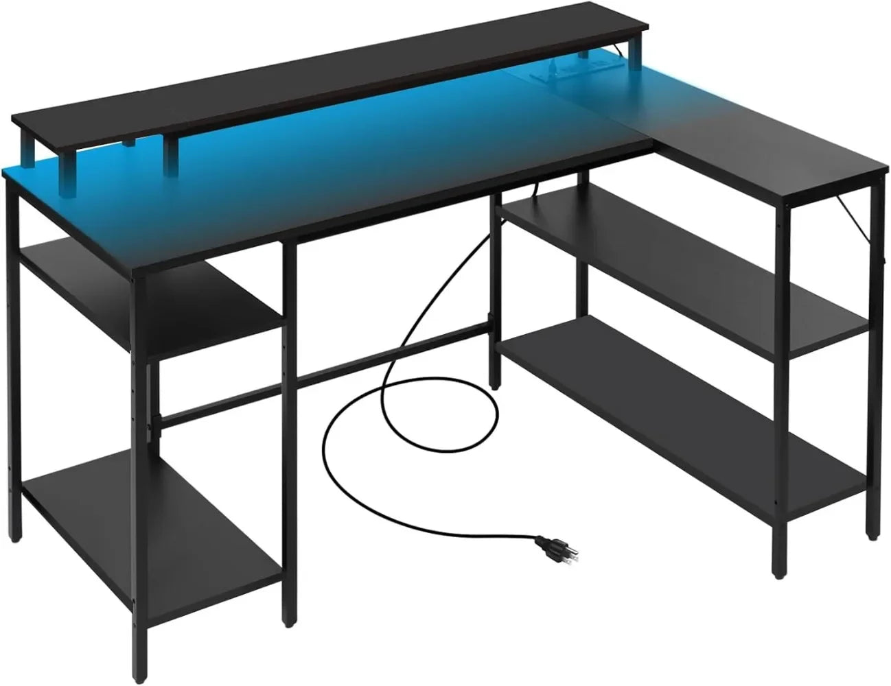 L Shaped Gaming Desk with LED Lights Power Outlets Reversible Design