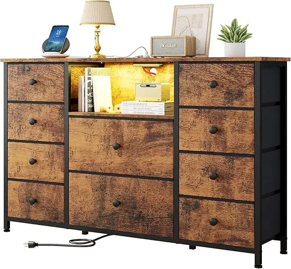 Dresser with Charging Station LED Lights 10 Drawers Modern Storage Unit