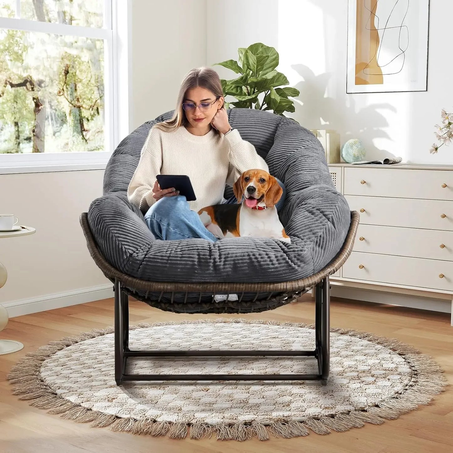 Large Oversized Indoor Outdoor Rocking Papasan Chair with Cushion