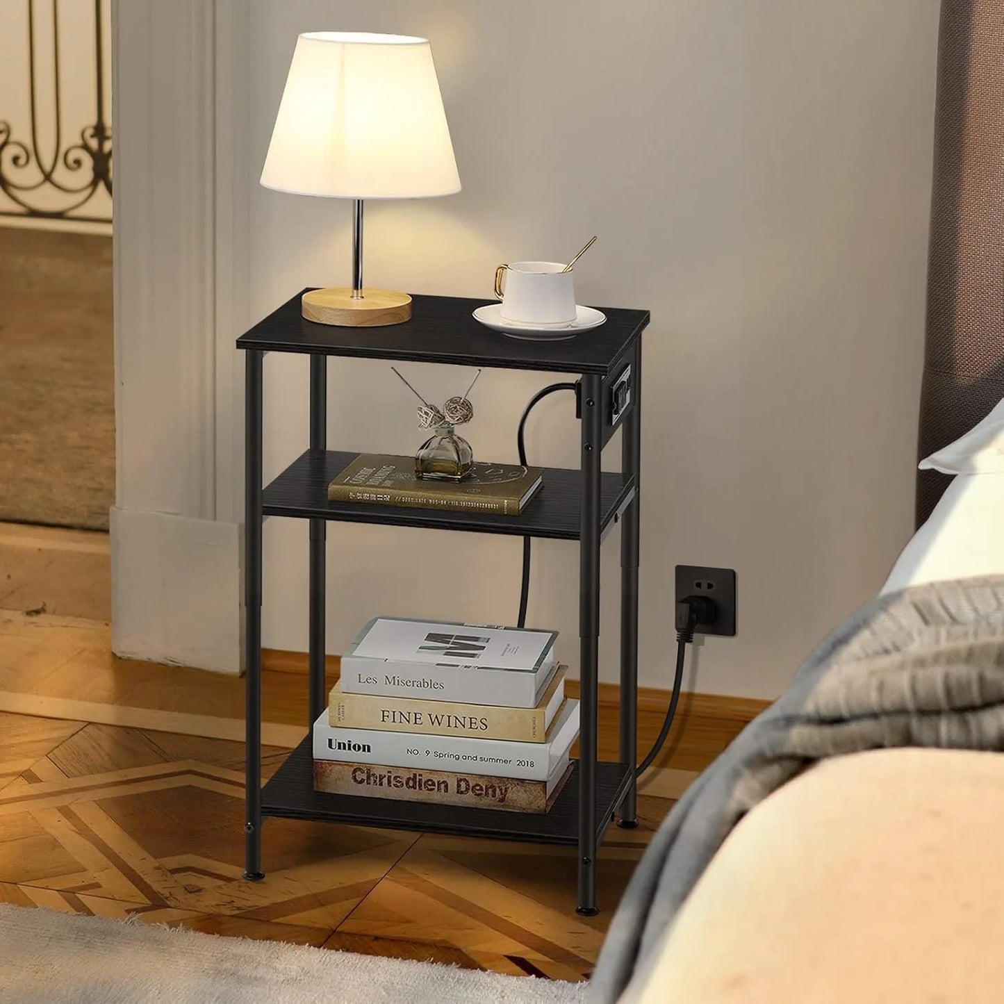 Space Saving Nightstand with USB Ports and Storage Drawer for Bedroom