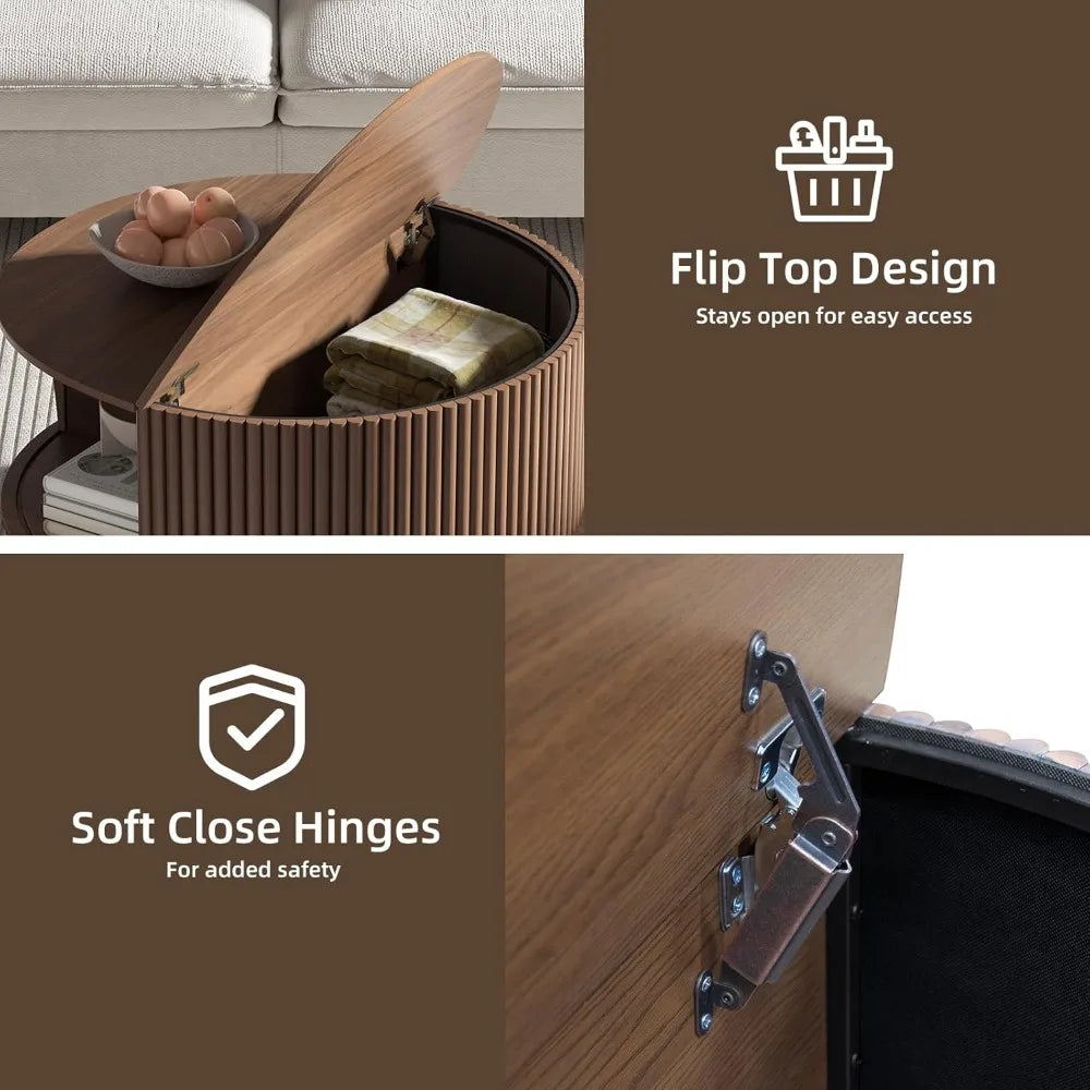 Round Coffee Table with Storage Fluted Design Small Center Table