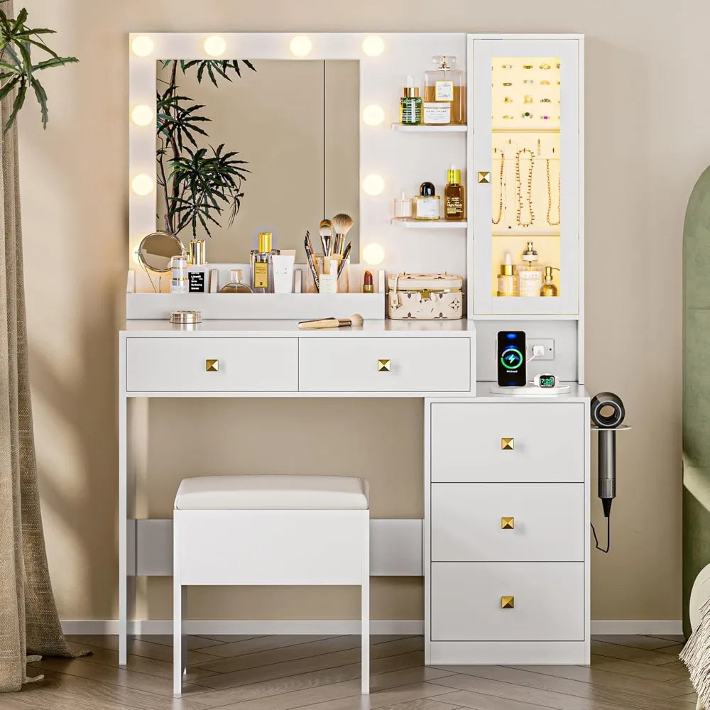 Vanity Desk with Mirror and RGB LED Lights 5 Drawers Jewelry Organizer