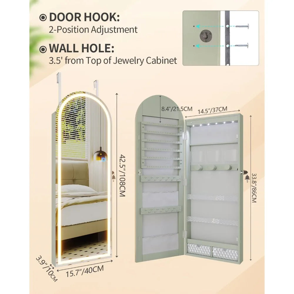 Arched Lighted Mirror Jewelry Cabinet Wall Door Mount Organizer