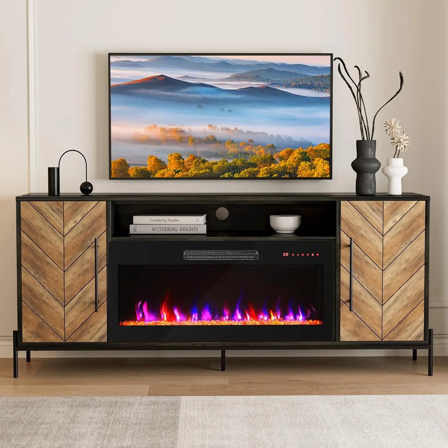 68 Inch TV Stand with Electric Fireplace and Storage Cabinet