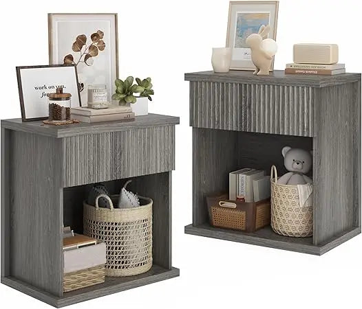 Fluted Nightstand Set of 2 Modern Bedside Tables with Drawer Storage