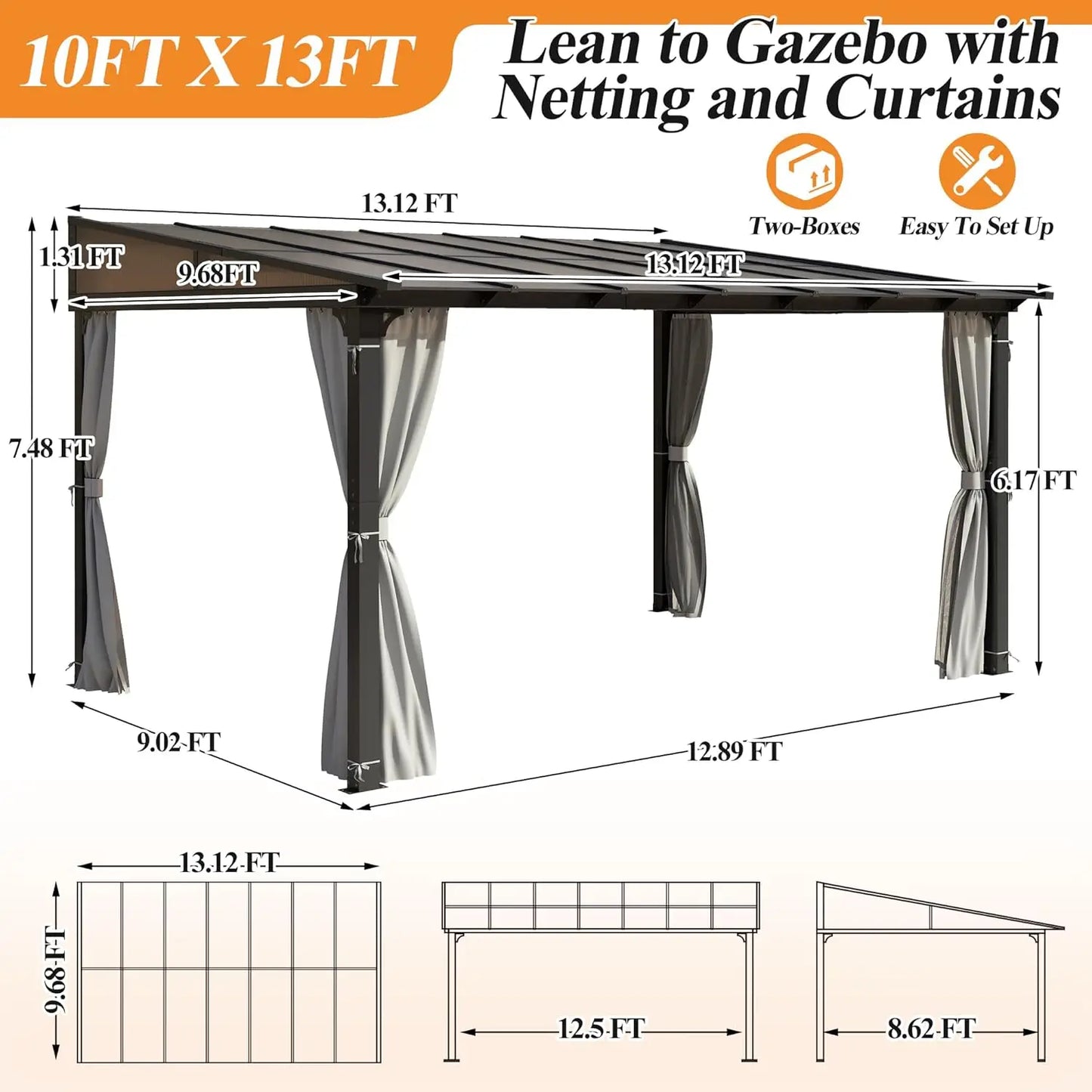 10x13 Patio Gazebo Aluminum Lean-To Pergola Outdoor Canopy Awning