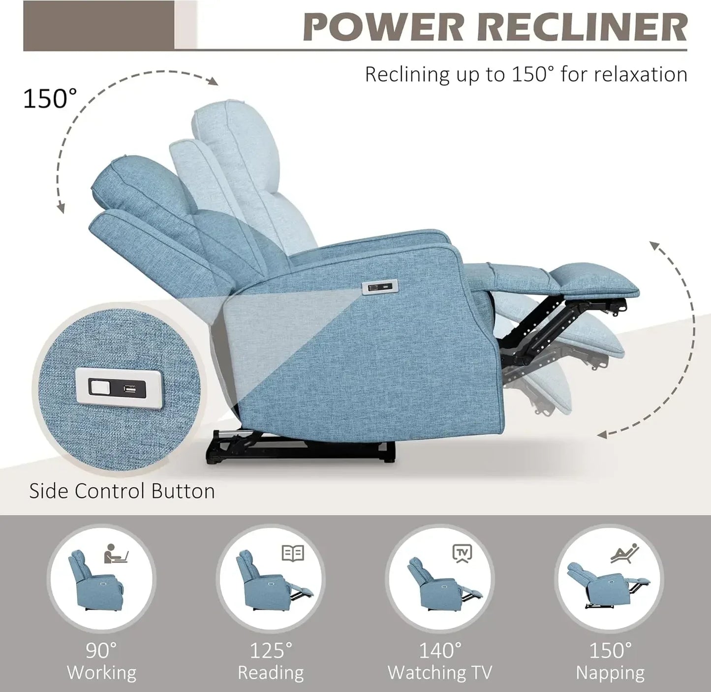 Electric Power Recliner Wall Hugger Armchair USB Charging Station Linen Seat