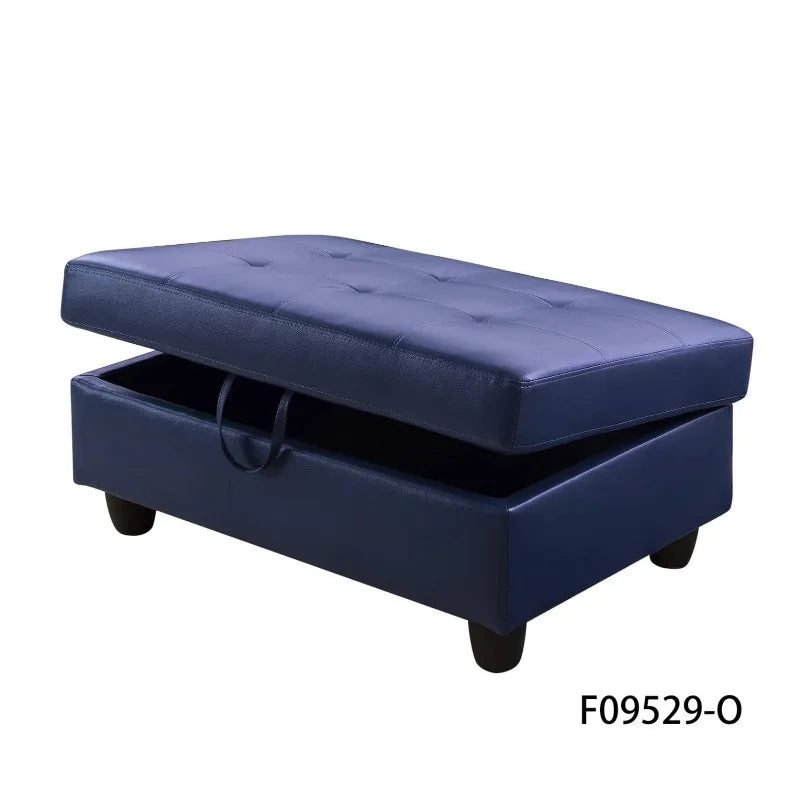 3PC Blue Leather Sofa Set w/ Storage Ottoman, Semi PU, Modern Living Room Couch Set