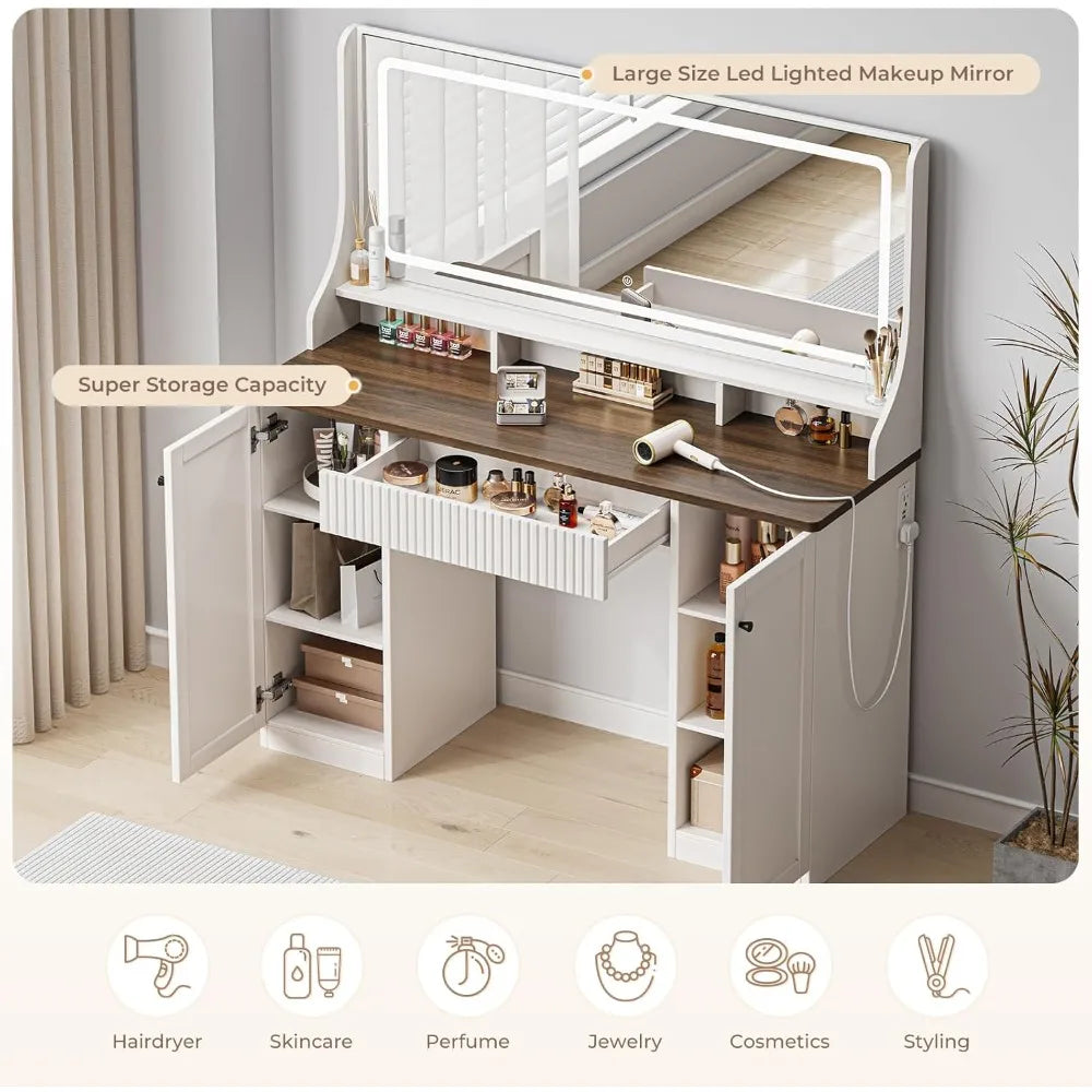 46.5 Inch Makeup Vanity Desk with Mirror LED Light and Storage Cabinets