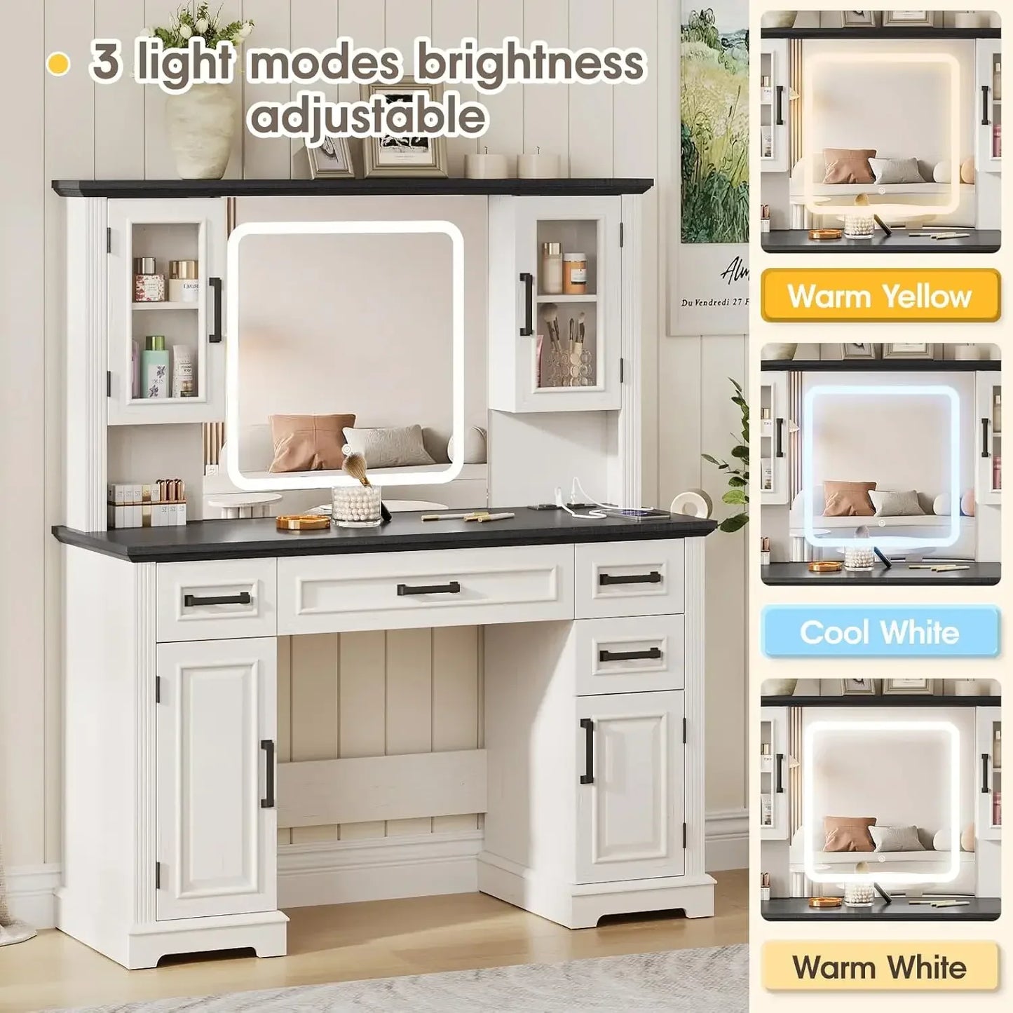 Farmhouse Vanity Desk with Mirror and Lights Makeup Table 45 Inch