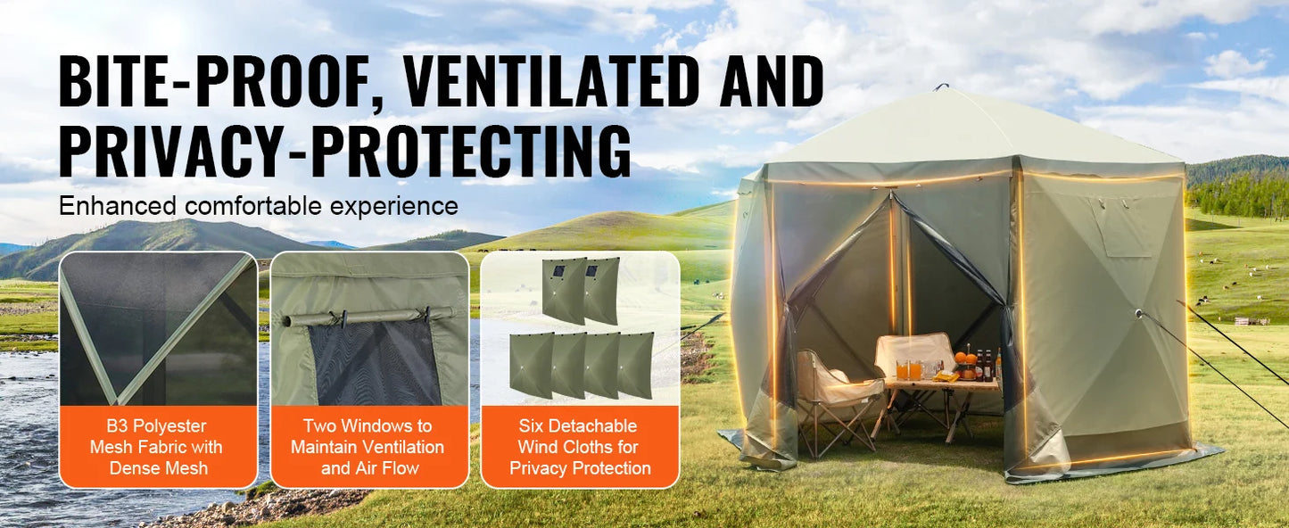 Ljustra Pop Up Gazebo Tent 10x10ft 6 Sided Screen Shelter with Privacy Cloths