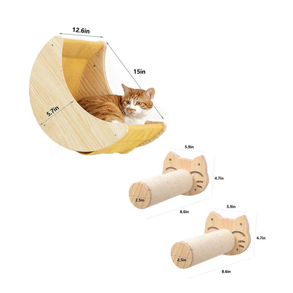 Cat Wall Shelf Moon Shaped Hammock Solid Wood Climbing Steps Indoor Furniture