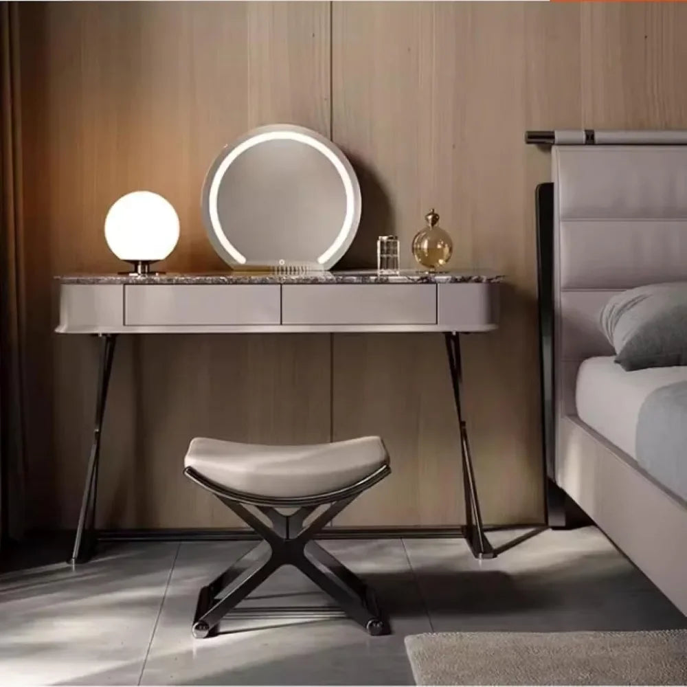 Leather Ottoman Vanity Stool with Metal X Legs for Makeup Living Room