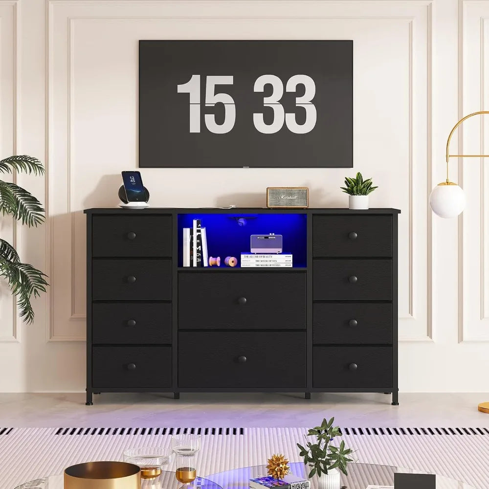 Dresser with Charging Station LED Lights 10 Drawers Modern Storage Unit