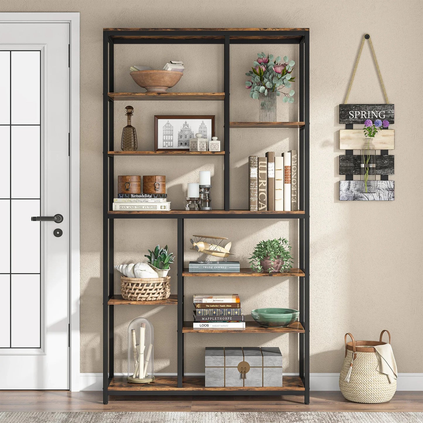 Ljustra Modern 8-Tier Staggered Bookcase Wide Wood Etagere Shelving Unit