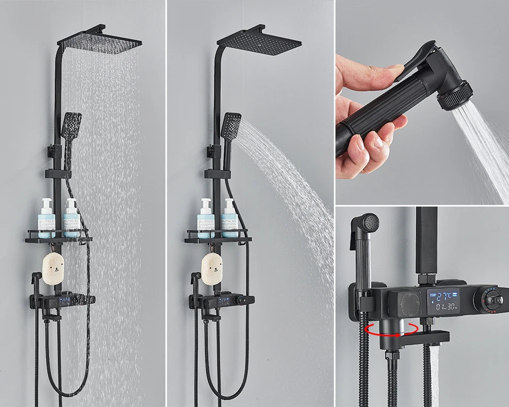 Black Digital Display Thermostatic Shower Faucet Rainfall Mixer Tap