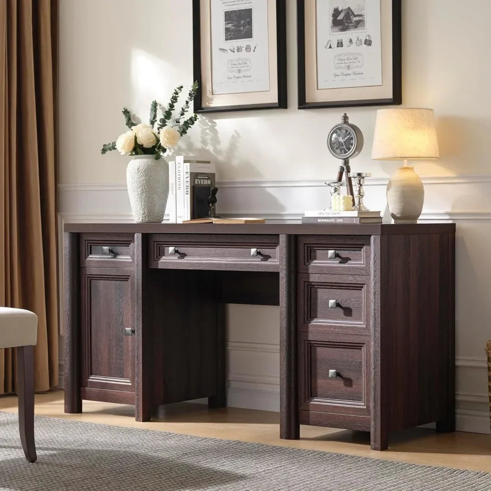 Farmhouse Computer Desk with 5 Drawers and Adjustable Shelf 58 Inch