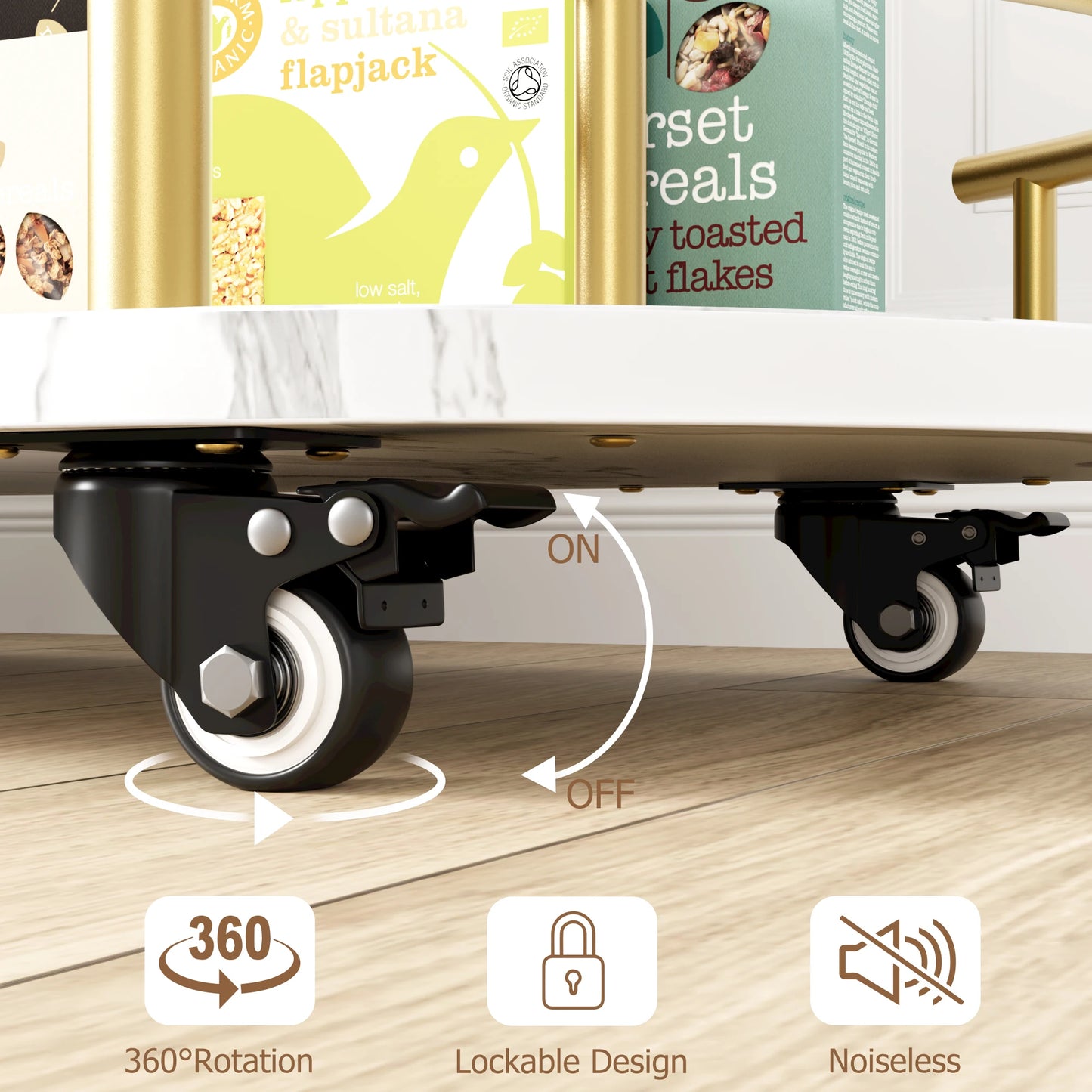 Gold Bar Cart 3 Tier Rotating Bar Serving Cart with Wine Rack and Wheels