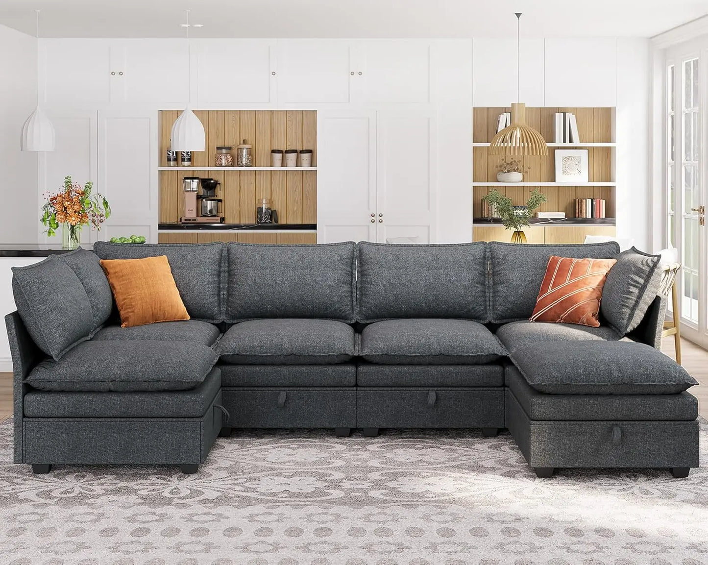 115” U-Shaped Modular Sofa Blue Sectional w/ Storage 6-Person Seating