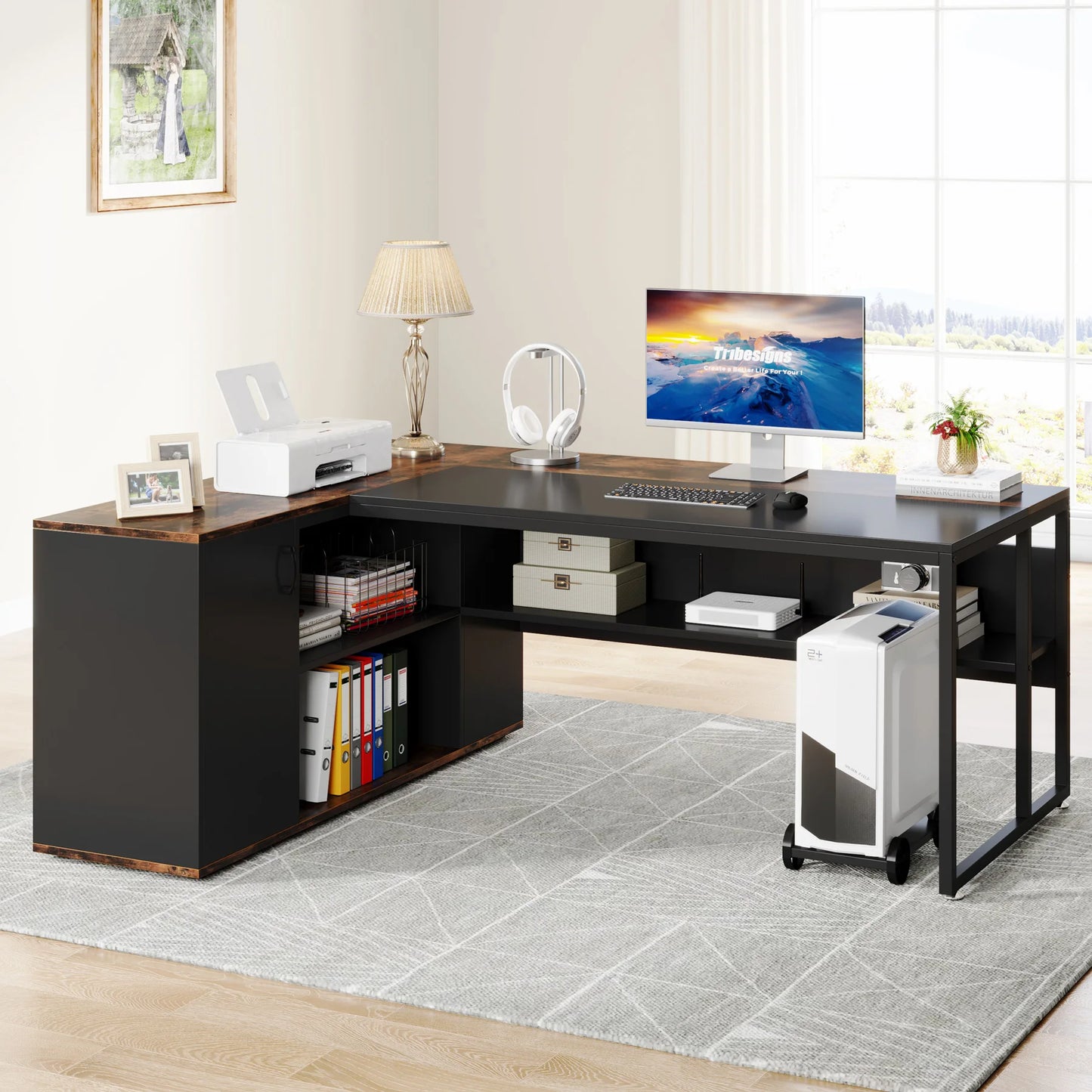L Shaped Executive Desk with Storage Cabinet 71 Inch Office Furniture