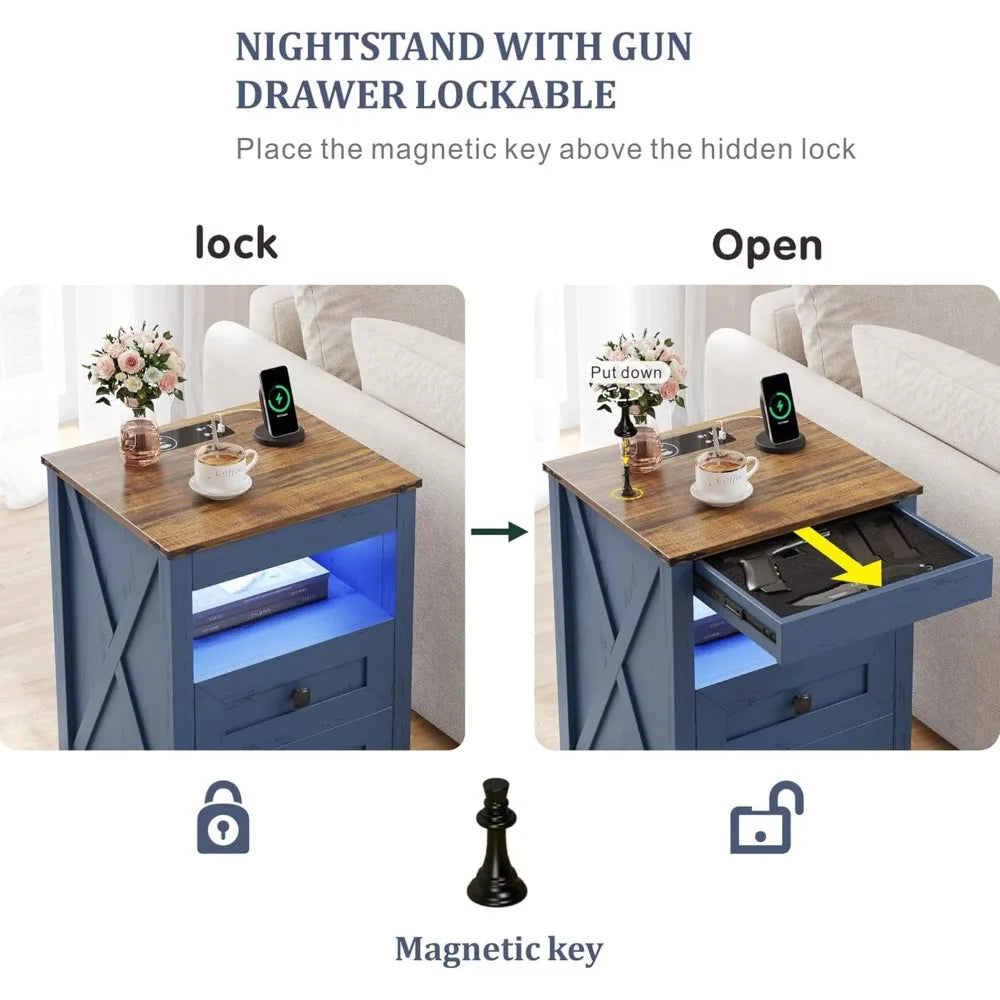 Farmhouse LED Nightstand with Gun Drawer and Human Sensor Design