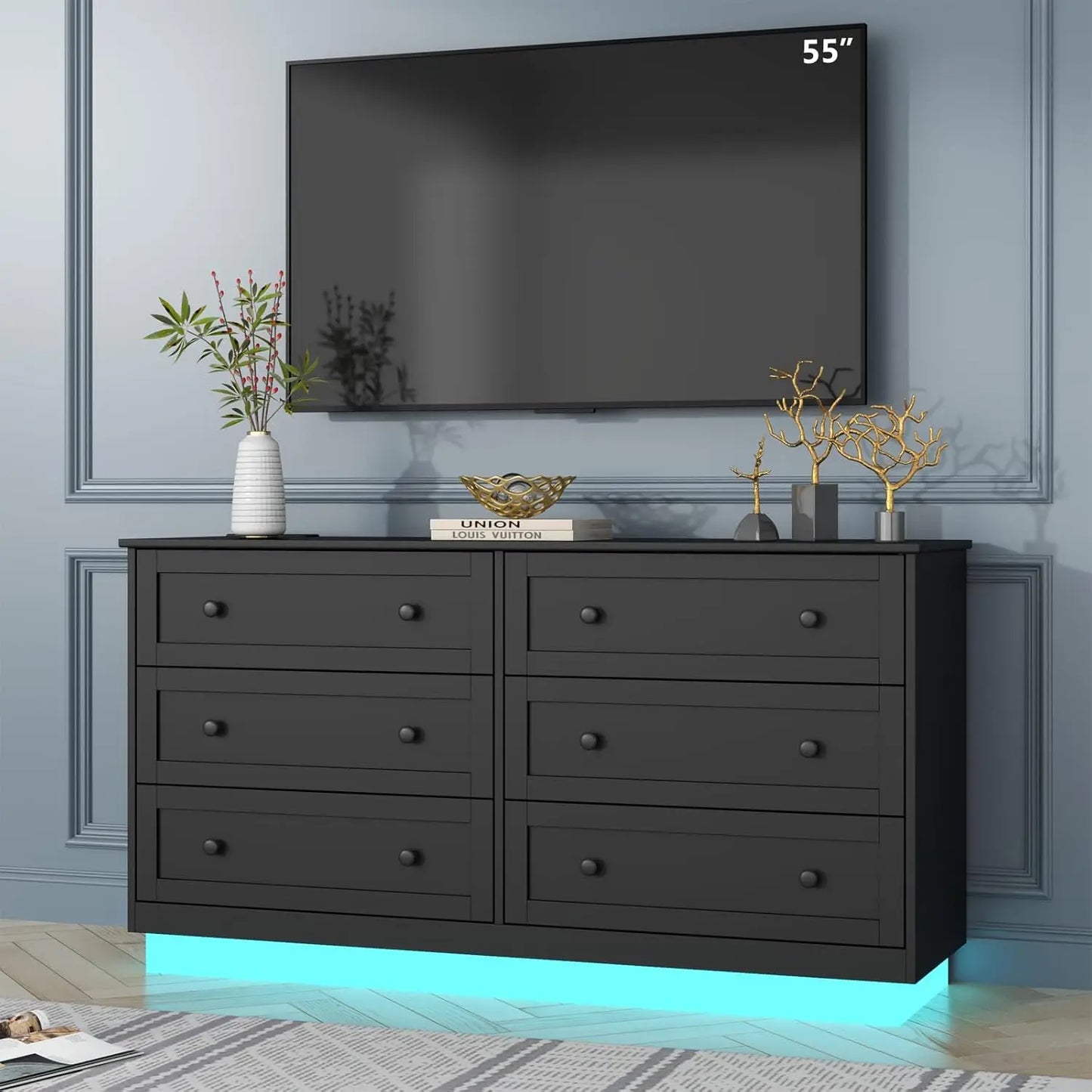 Limited Time Offer 6 Drawer Dresser Modern Chest with Power Outlet LED Light