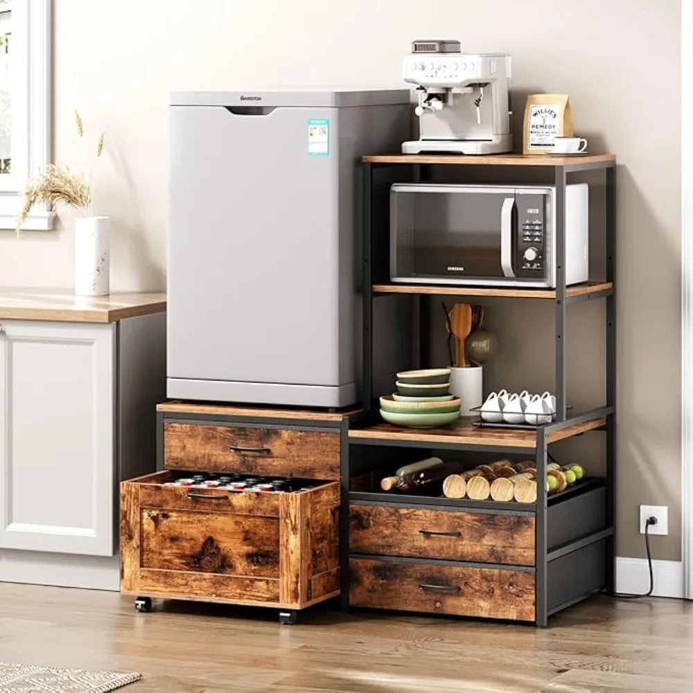 Mini Fridge Stand with Wine Rack and Power Outlet for Kitchen and Office