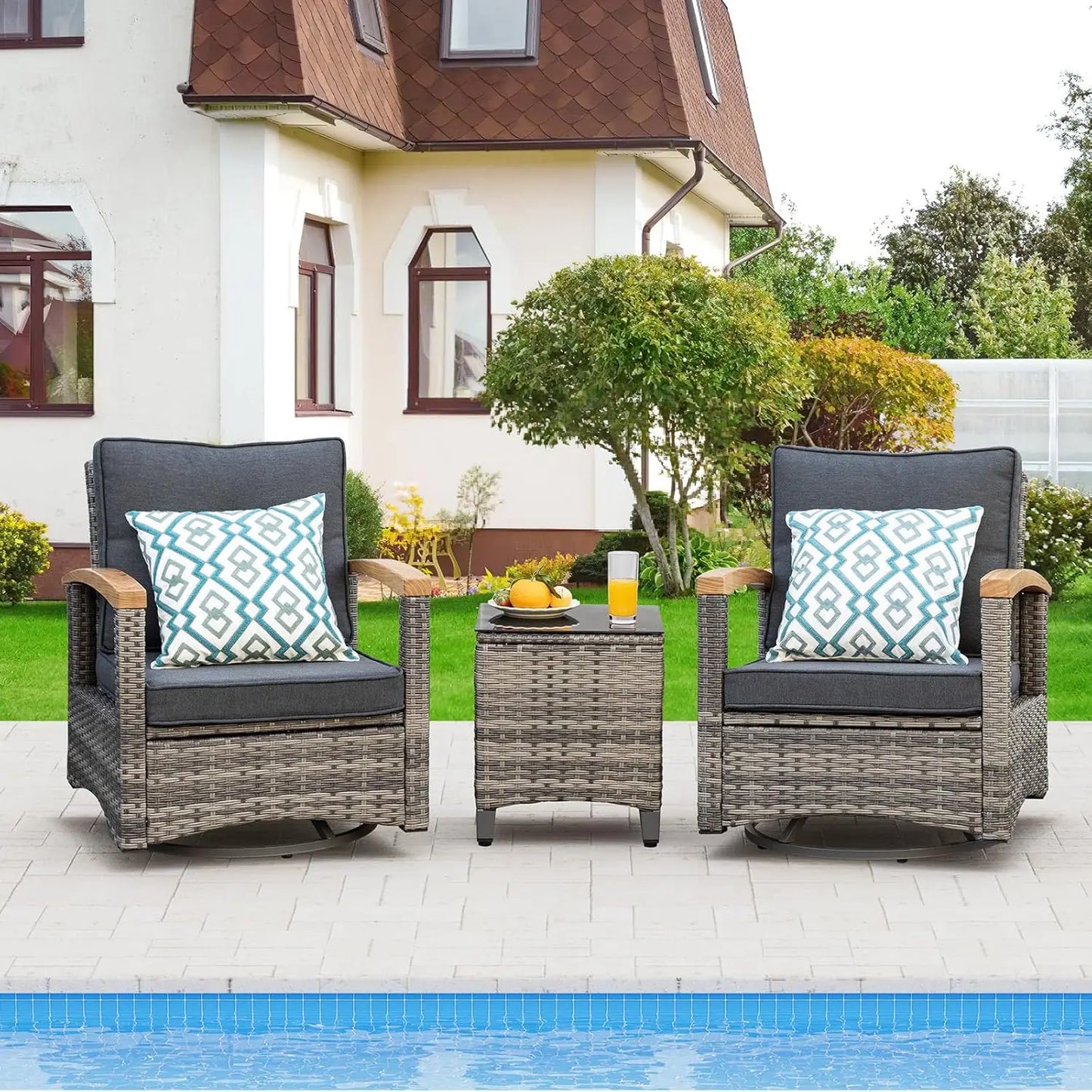 3 Piece Outdoor Swivel Rocker Patio Bistro Set with Side Table