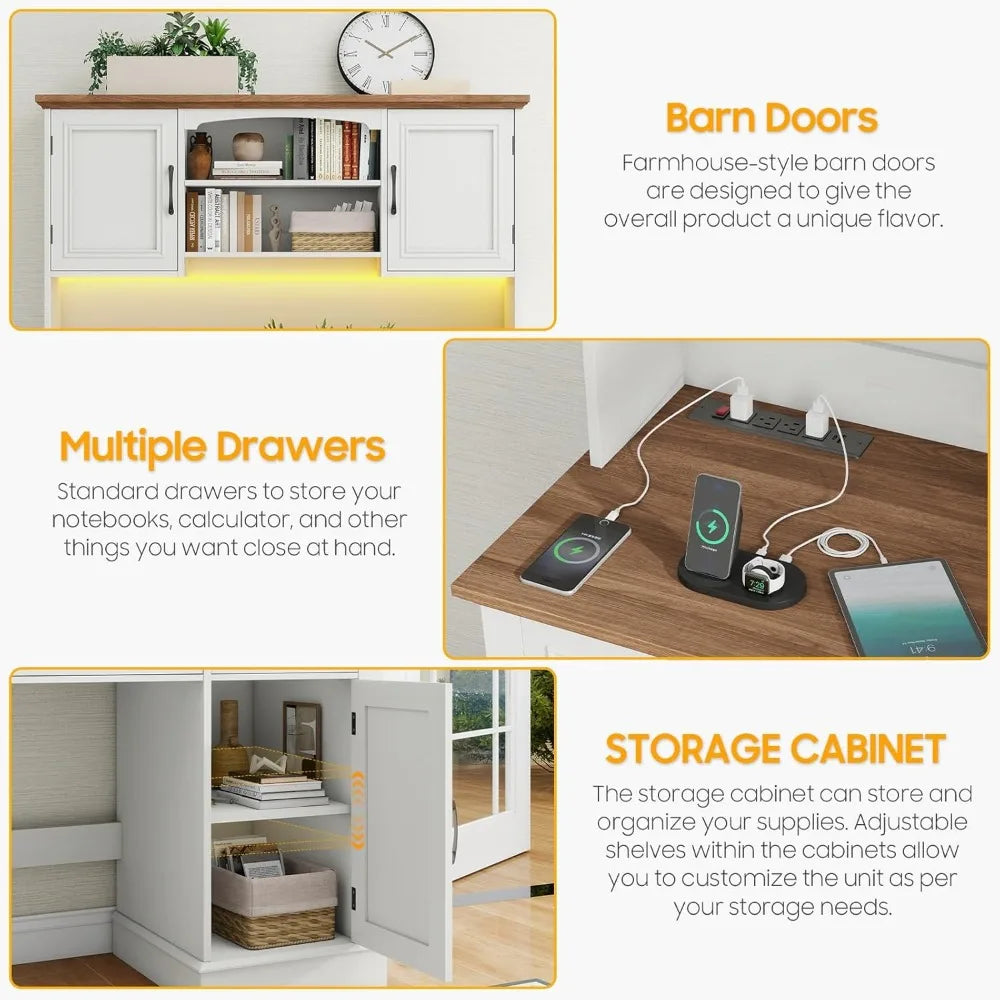 Farmhouse Executive Desk with Hutch LED Light Charging Station Storage