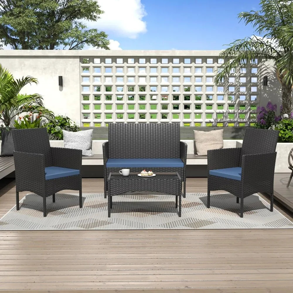 4-Piece Outdoor Wicker Patio Furniture Set with Cushions Table