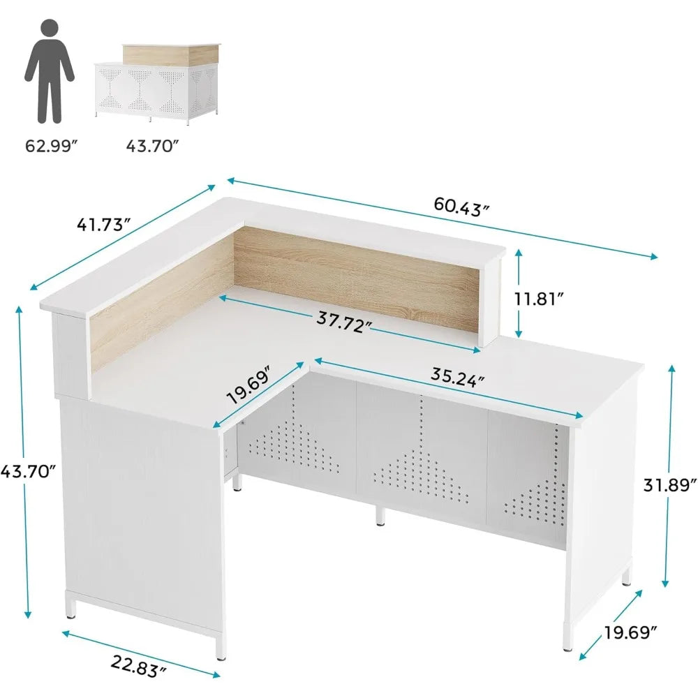 L-Shaped Reception Desk with LED Lights Modern Checkout Counter Table