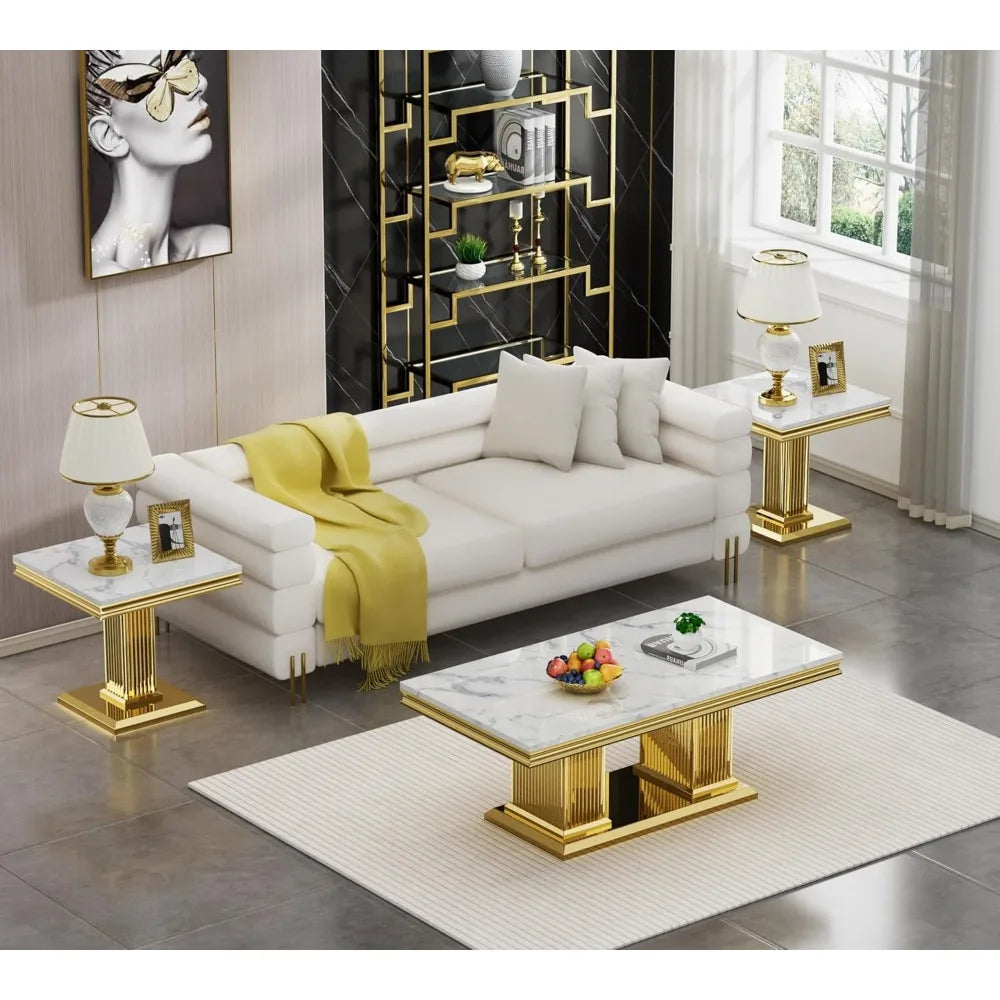 Modern White 3-Piece Living Room Table Set Faux Marble Stainless Steel