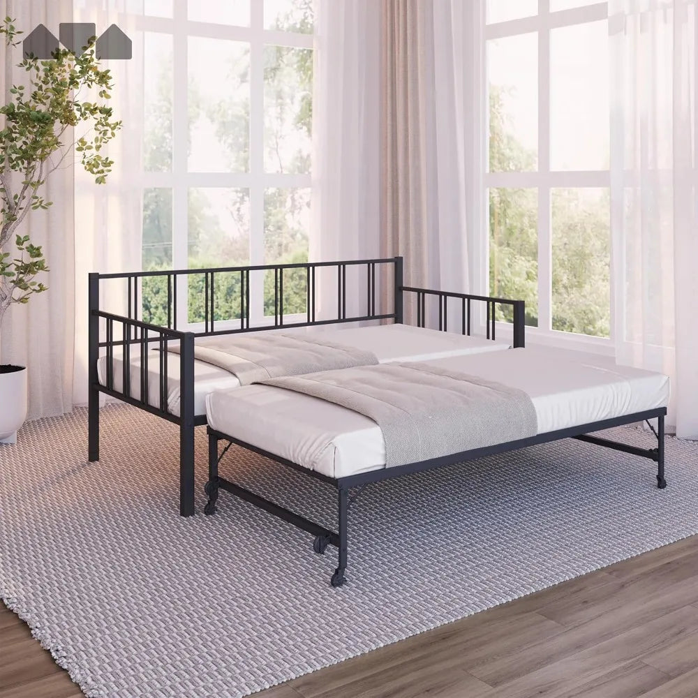 Modern Black Twin Daybed with Pop-Up Trundle and Backrest for Small Spaces