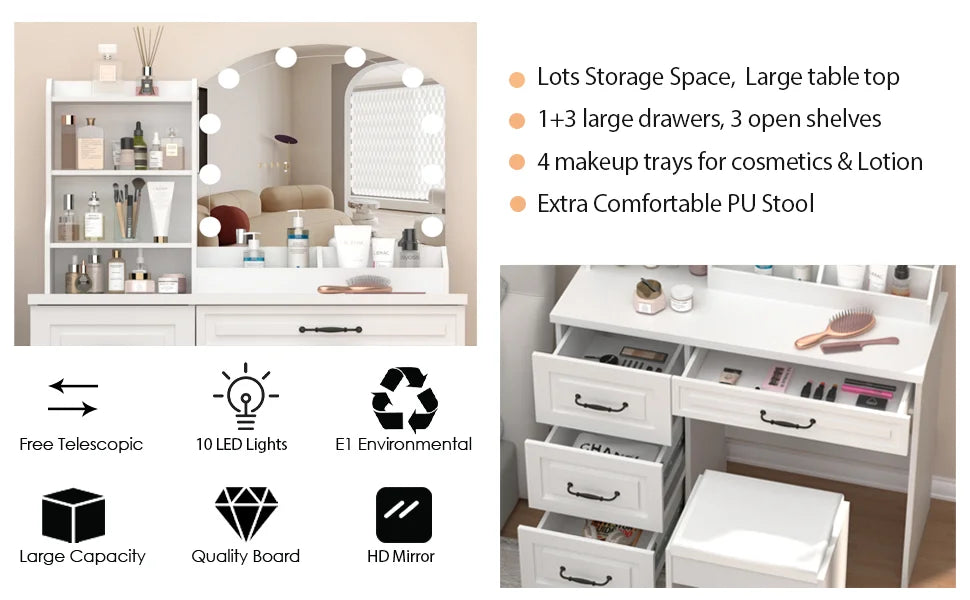 Makeup Vanity Desk with Lights and Drawers Large Storage White Set