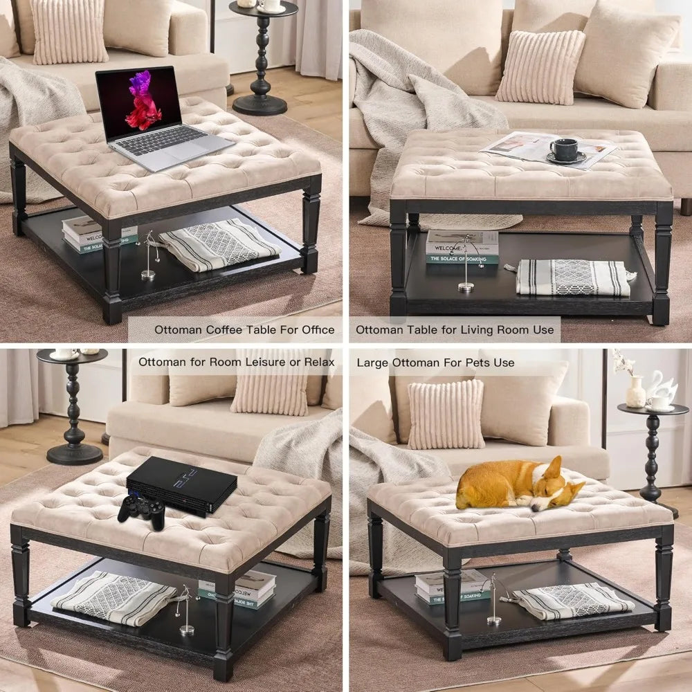 Large 35 Inch Square Storage Ottoman Coffee Table with Tufted Top