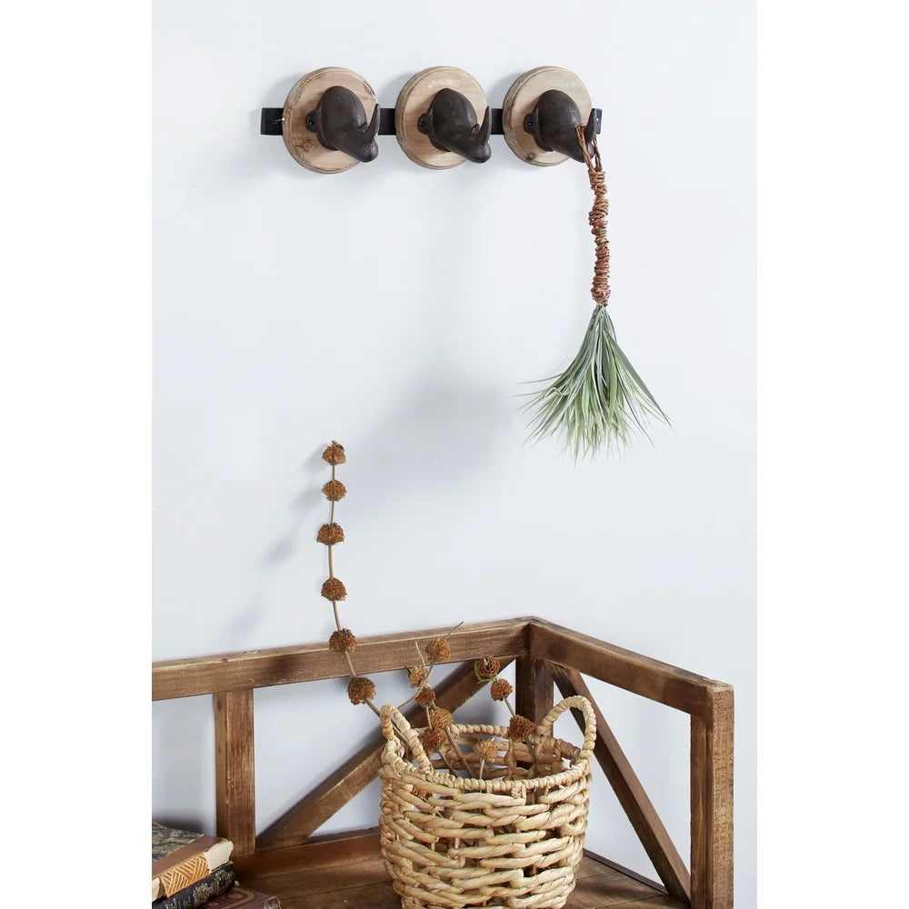 Wood and Metal Rhino Wall Mount Coat Rack with 3 Hooks Decorative Decor