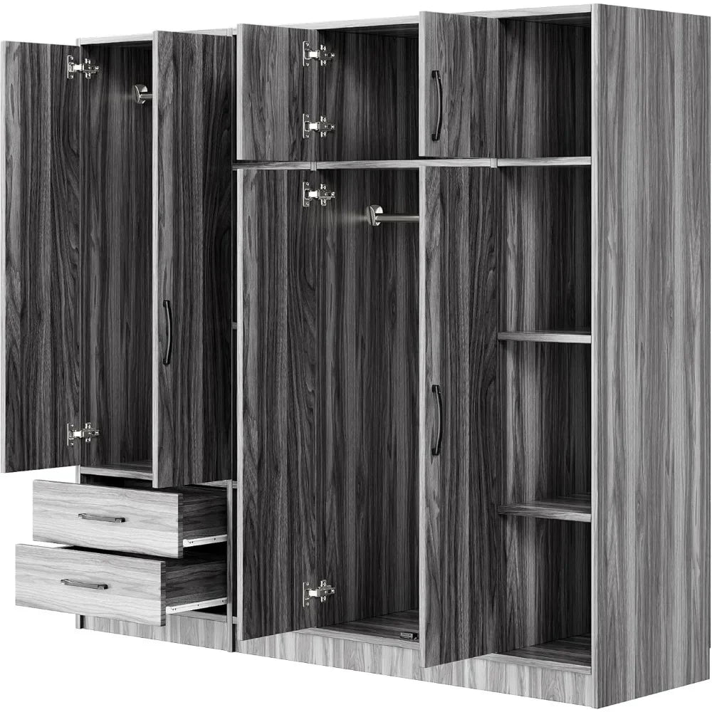 Large Wardrobe Armoire Closet 6 Doors 2 Drawers Freestanding Cabinet